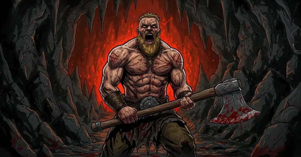 Muskularny wiking, dzierżący topór bojowy, przypominający Pawła "Vikinga" Pawlaka z Inner War Saga